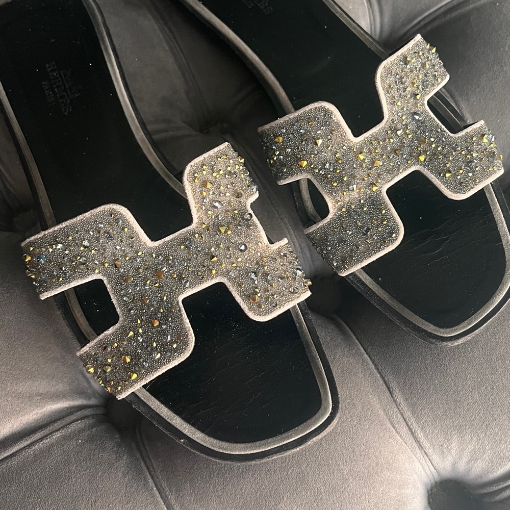 Embellished Black and Gray Sandals